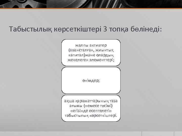 Табыстылық көрсеткіштері 3 топқа бөлінеді: жалпы активтер (авансталған, жиынтық капитал)және олардың жекелеген элементтері; өнімдер;