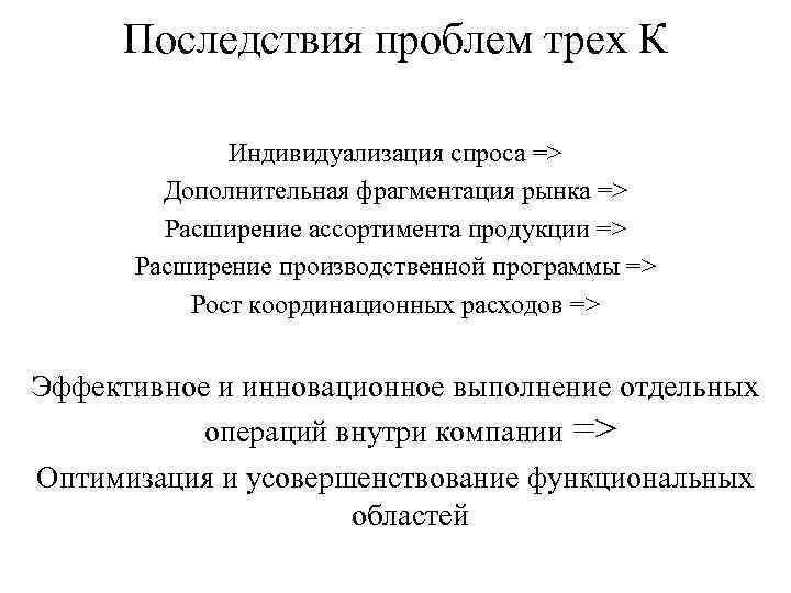 Последствия проблем трех К Индивидуализация спроса => Дополнительная фрагментация рынка => Расширение ассортимента продукции