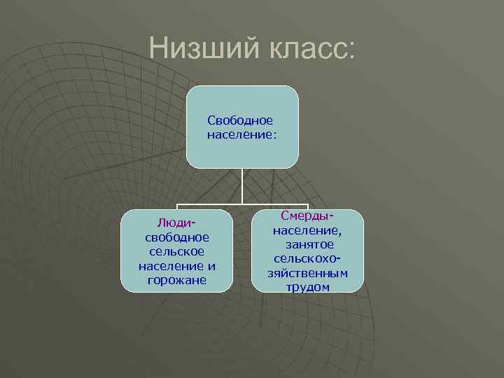 Низший класс: Свободное население: Людисвободное сельское население и горожане Смердынаселение, занятое сельскохозяйственным трудом 