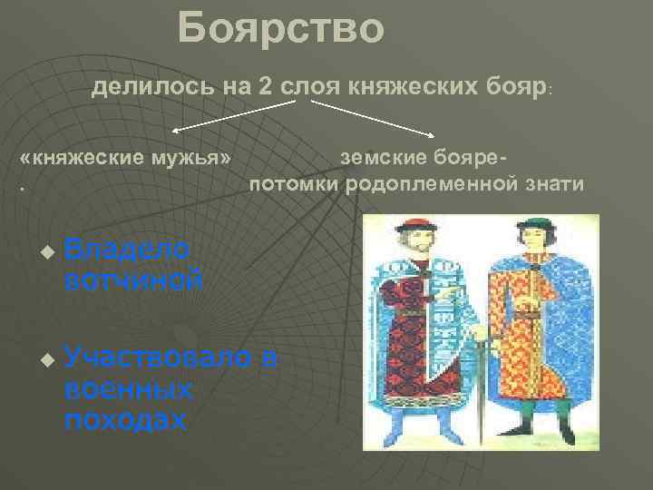 Боярство делилось на 2 слоя княжеских бояр: «княжеские мужья» земские бояре. потомки родоплеменной знати