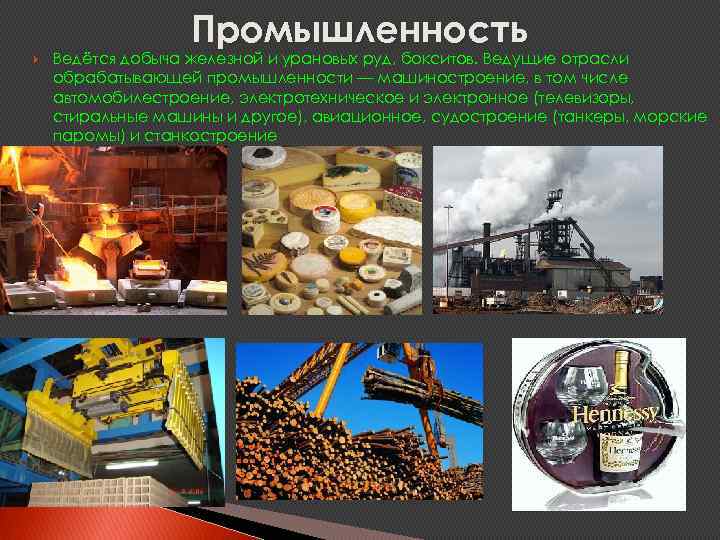 Промышленность Ведётся добыча железной и урановых руд, бокситов. Ведущие отрасли обрабатывающей промышленности — машиностроение,