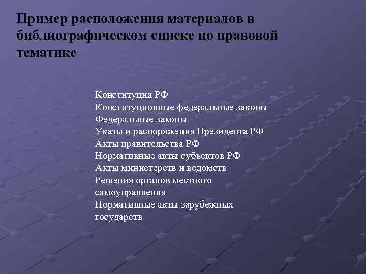 Пример расположения материалов в библиографическом списке по правовой тематике Конституция РФ Конституционные федеральные законы