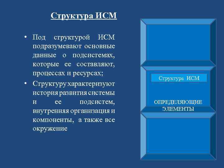 Структура ИСМ • Под структурой ИСМ подразумевают основные данные о подсистемах, которые ее составляют,