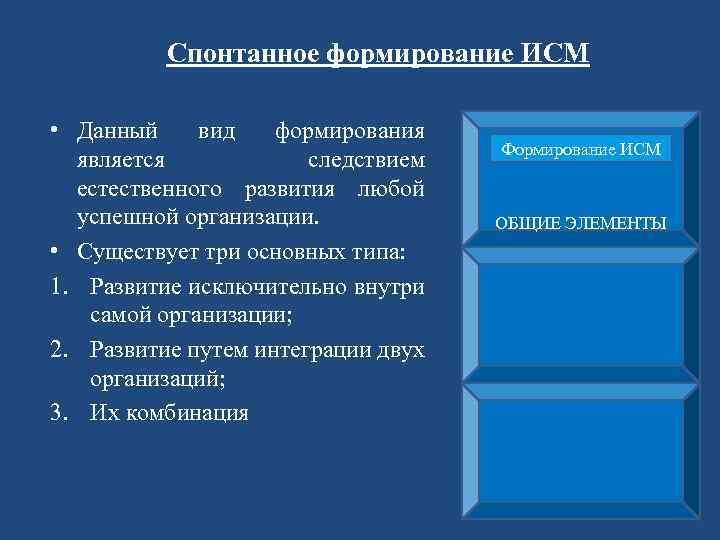 Спонтанное формирование ИСМ • Данный вид формирования является следствием естественного развития любой успешной организации.