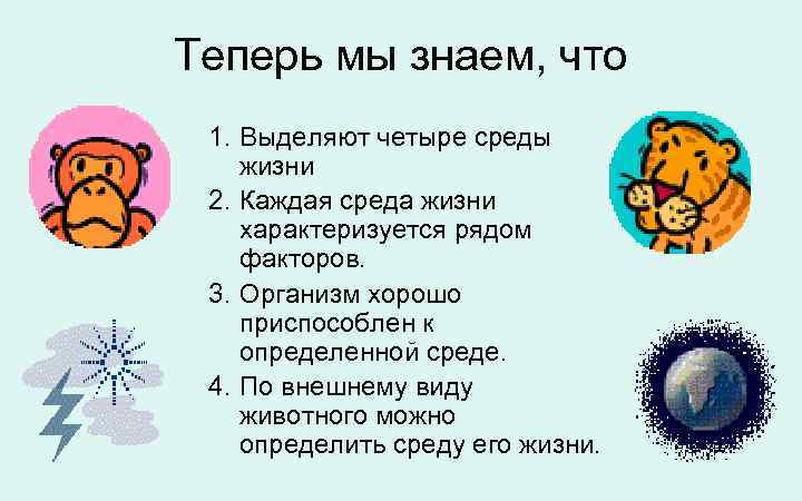 Теперь мы знаем, что 1. Выделяют четыре среды жизни 2. Каждая среда жизни характеризуется