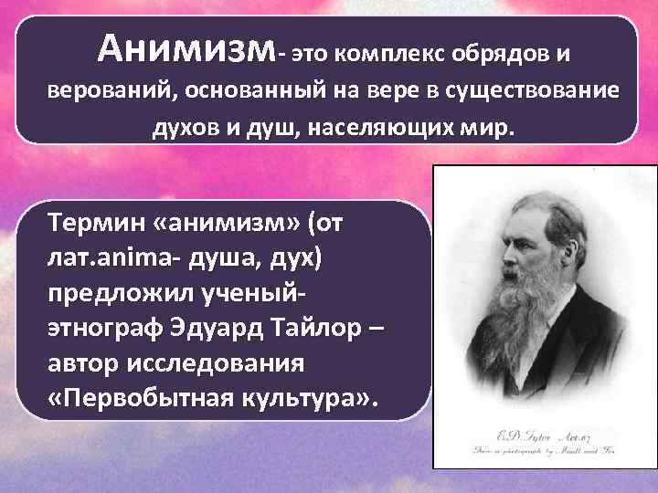 Анимизм- это комплекс обрядов и верований, основанный на вере в существование духов и душ,