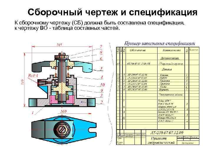 Сборочный чертеж и спецификация К сборочному чертежу (СБ) должна быть составлена спецификация, к чертежу