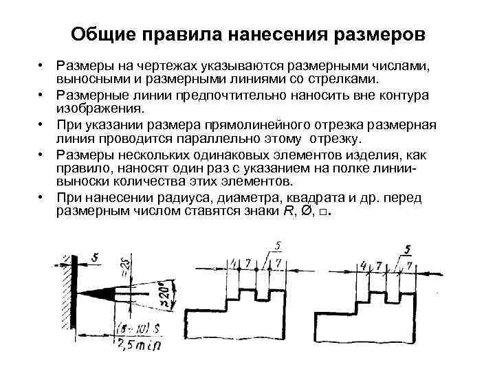 Общие правила нанесения размеров • Размеры на чертежах указываются размерными числами, выносными и размерными