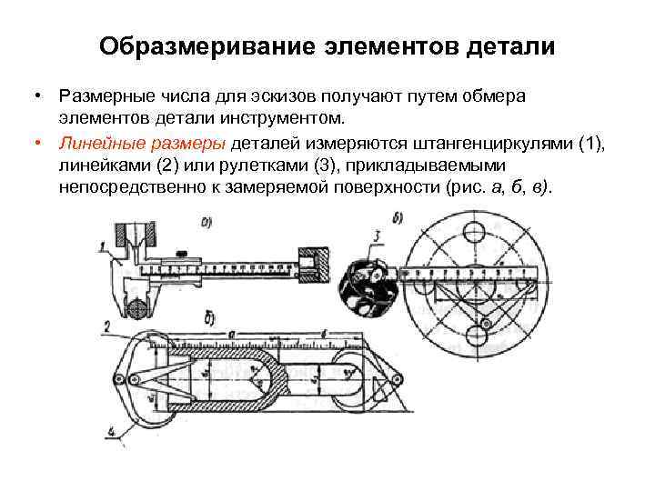 Образмеривание элементов детали • Размерные числа для эскизов получают путем обмера элементов детали инструментом.