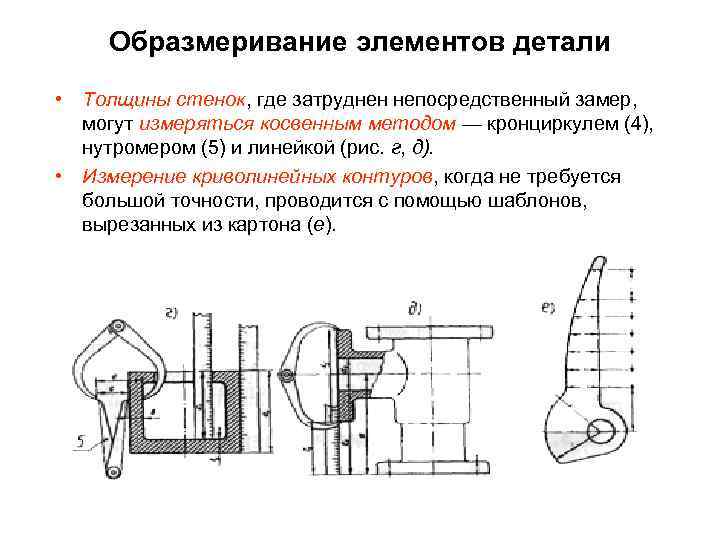 Образмеривание элементов детали • Толщины стенок, где затруднен непосредственный замер, могут измеряться косвенным методом
