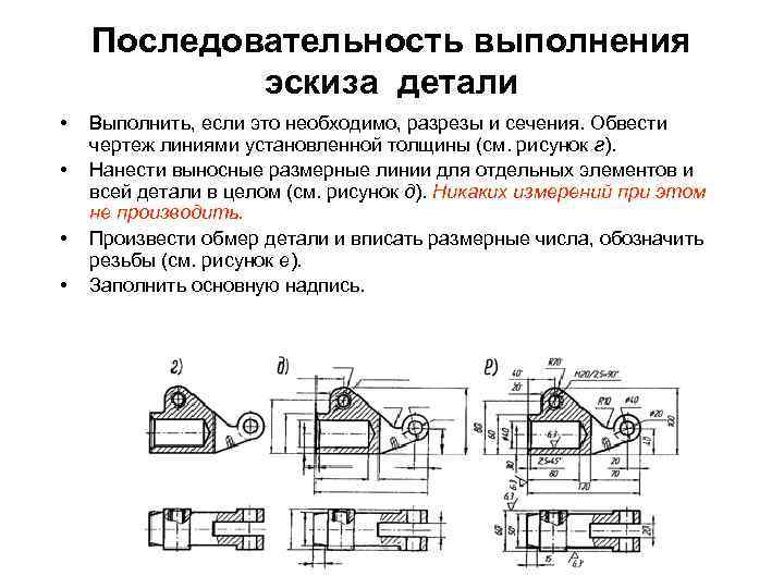 Последовательность выполнения эскиза детали • • Выполнить, если это необходимо, разрезы и сечения. Обвести