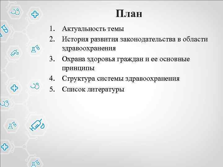 План 1. Актуальность темы 2. История развития законодательства в области здравоохранения 3. Охрана здоровья