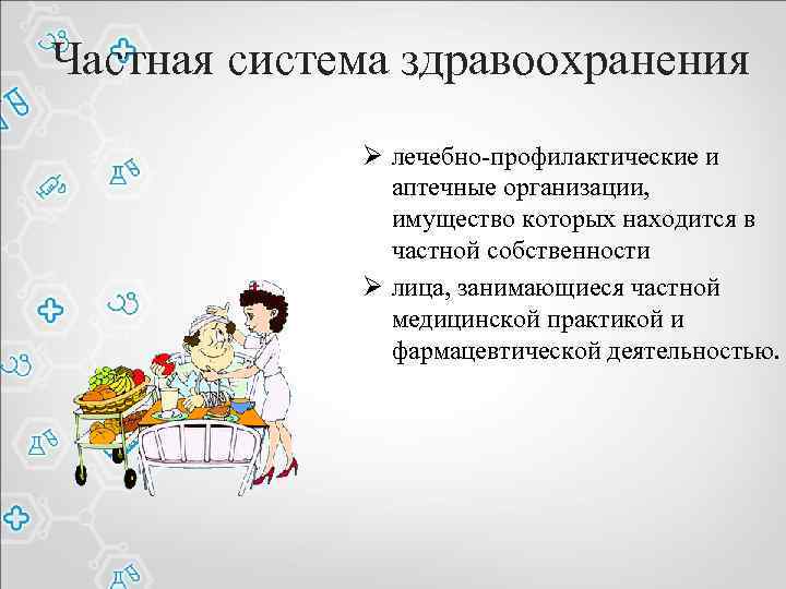 Частная система здравоохранения Ø лечебно-профилактические и аптечные организации, имущество которых находится в частной собственности
