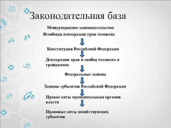 Законодательная база Международное законодательство Всеобщая декларация прав человека Конституция Российской Федерации Декларация прав и