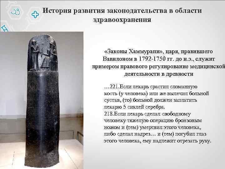 История развития законодательства в области здравоохранения «Законы Хаммурапи» , царя, правившего Вавилоном в 1792