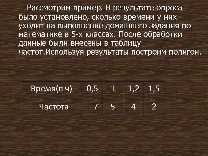  Рассмотрим пример. В результате опроса было установлено, сколько времени у них уходит на