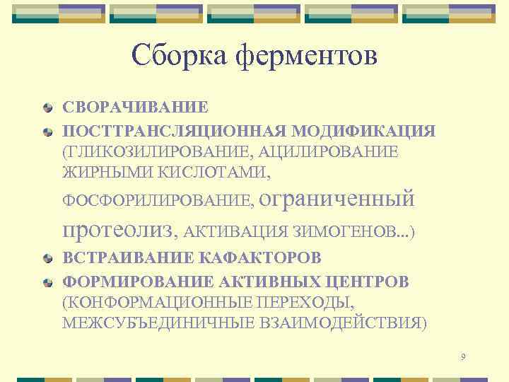 Сборка ферментов СВОРАЧИВАНИЕ ПОСТТРАНСЛЯЦИОННАЯ МОДИФИКАЦИЯ (ГЛИКОЗИЛИРОВАНИЕ, АЦИЛИРОВАНИЕ ЖИРНЫМИ КИСЛОТАМИ, ФОСФОРИЛИРОВАНИЕ, ограниченный протеолиз, АКТИВАЦИЯ ЗИМОГЕНОВ.