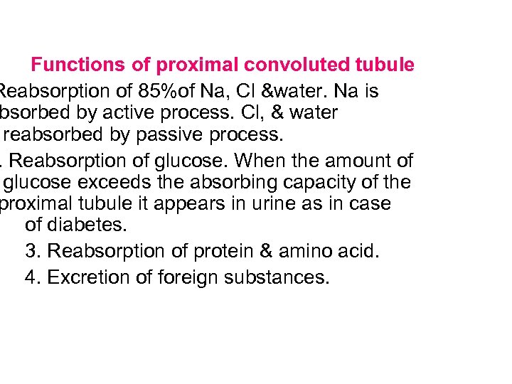 Functions of proximal convoluted tubule Reabsorption of 85%of Na, Cl &water. Na is bsorbed