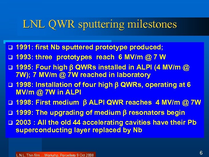 LNL QWR sputtering milestones q q q q 1991: first Nb sputtered prototype produced;