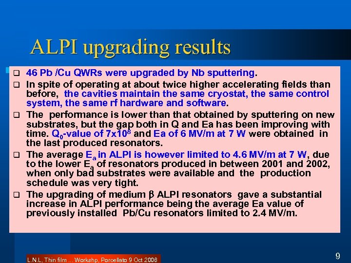 ALPI upgrading results 46 Pb /Cu QWRs were upgraded by Nb sputtering. In spite