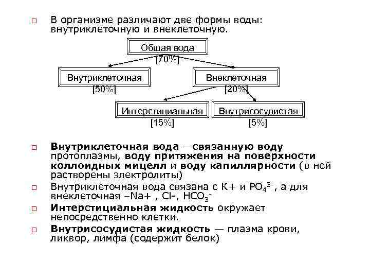 o В организме различают две формы воды: внутриклеточную и внеклеточную. Общая вода [70%] Внутриклеточная