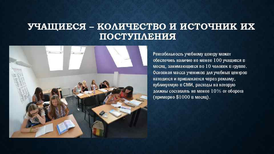УЧАЩИЕСЯ – КОЛИЧЕСТВО И ИСТОЧНИК ИХ ПОСТУПЛЕНИЯ Рентабельность учебному центру может обеспечить наличие не