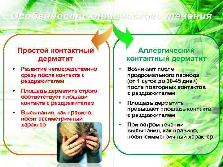Особенности клинического течения Простой контактный дерматит • Развитие непосредственно сразу после контакта с раздражителем
