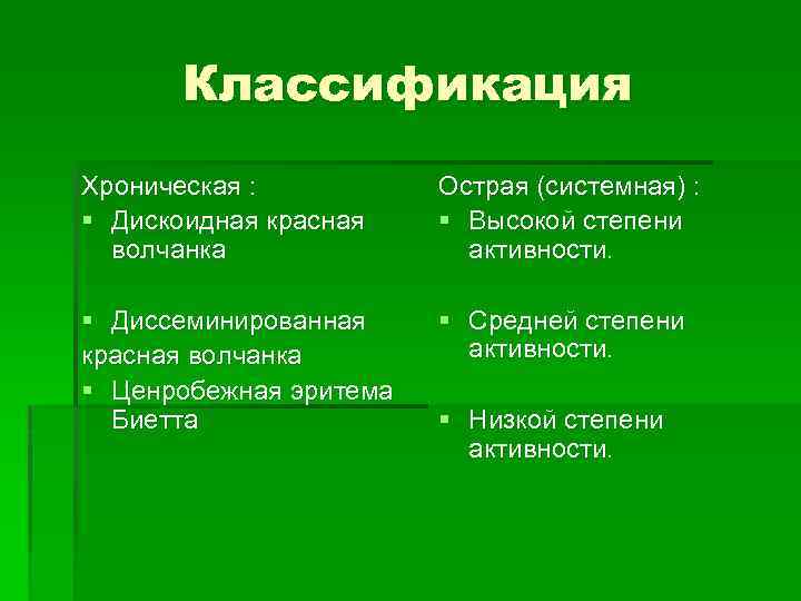 Классификация Хроническая : § Дискоидная красная волчанка Острая (системная) : § Высокой степени активности.