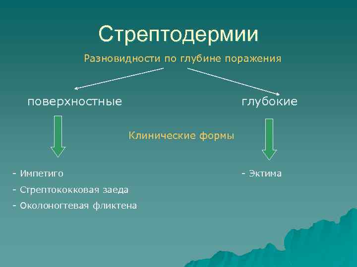 Стрептодермии Разновидности по глубине поражения поверхностные глубокие Клинические формы - Импетиго - Стрептококковая заеда