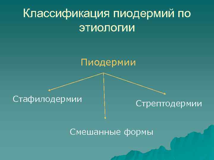 Классификация пиодермий по этиологии Пиодермии Стафилодермии Стрептодермии Смешанные формы 