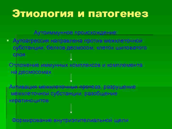 Этиология и патогенез Аутоиммунное происхождение: § Аутоагрессия направлена против межклеточной субстанции, белков десмосом, клеток