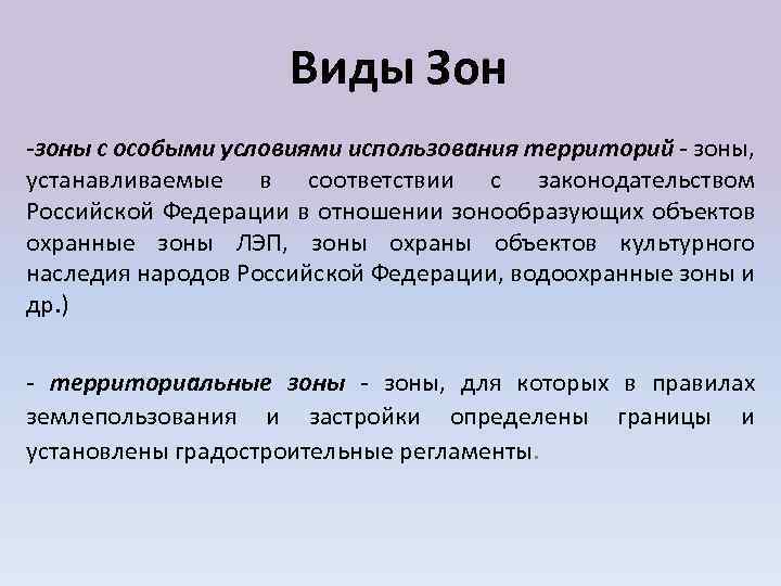 Виды Зон -зоны с особыми условиями использования территорий - зоны, устанавливаемые в соответствии с
