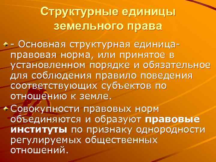 Структурные единицы земельного права Основная структурная единица правовая норма, или принятое в установленном порядке