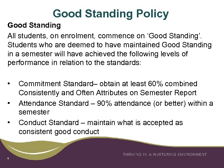 Good Standing Policy Good Standing All students, on enrolment, commence on ‘Good Standing’. Students