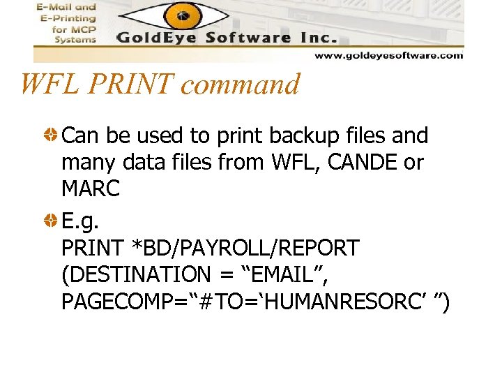 WFL PRINT command Can be used to print backup files and many data files