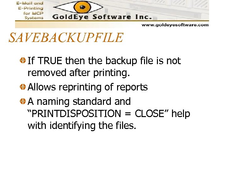 SAVEBACKUPFILE If TRUE then the backup file is not removed after printing. Allows reprinting