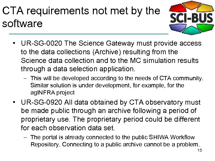 CTA requirements not met by the software • UR-SG-0020 The Science Gateway must provide