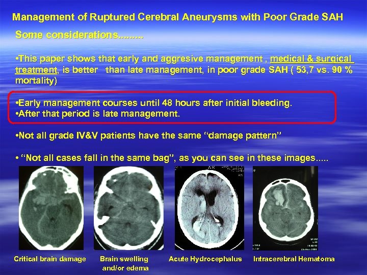Management of Ruptured Cerebral Aneurysms with Poor Grade SAH Some considerations. . • This