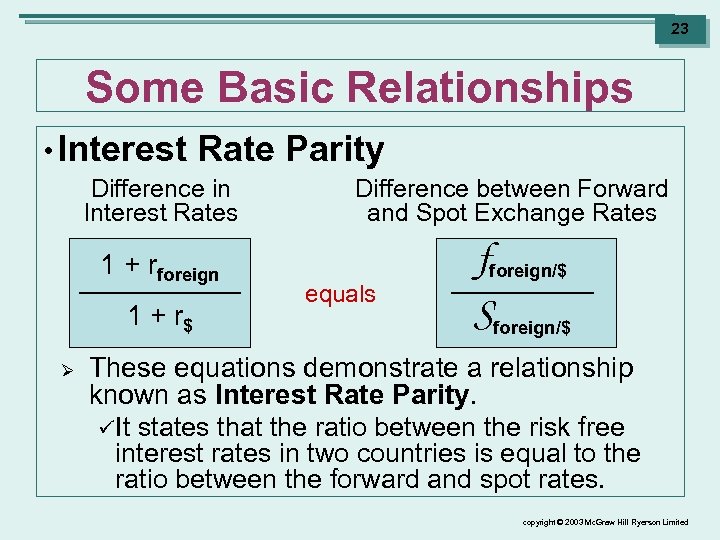 23 Some Basic Relationships • Interest Rate Parity Difference in Interest Rates 1 +