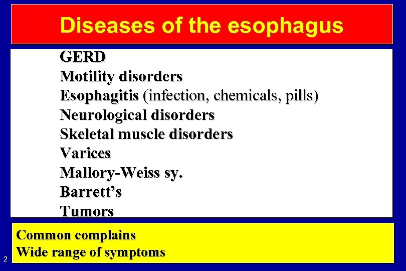 Diseases of the esophagus GERD Motility disorders Esophagitis (infection, chemicals, pills) Neurological disorders Skeletal