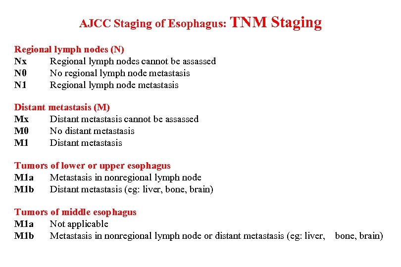 AJCC Staging of Esophagus: TNM Staging Regional lymph nodes (N) Nx Regional lymph nodes