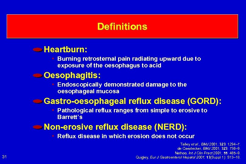 Definitions Heartburn: • Burning retrosternal pain radiating upward due to exposure of the oesophagus