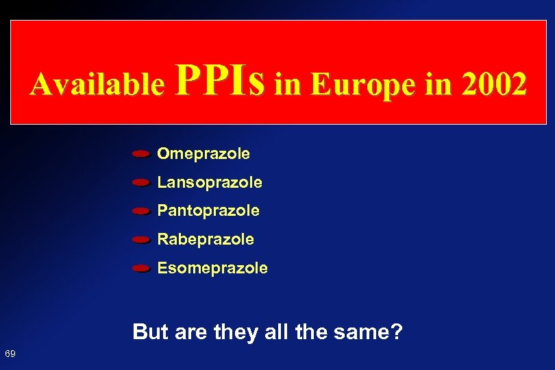 Available PPIs in Europe in 2002 Omeprazole Lansoprazole Pantoprazole Rabeprazole Esomeprazole But are they