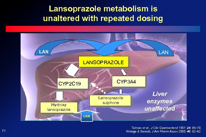 Lansoprazole metabolism is unaltered with repeated dosing LAN LANSOPRAZOLE CYP 3 A 4 CYP