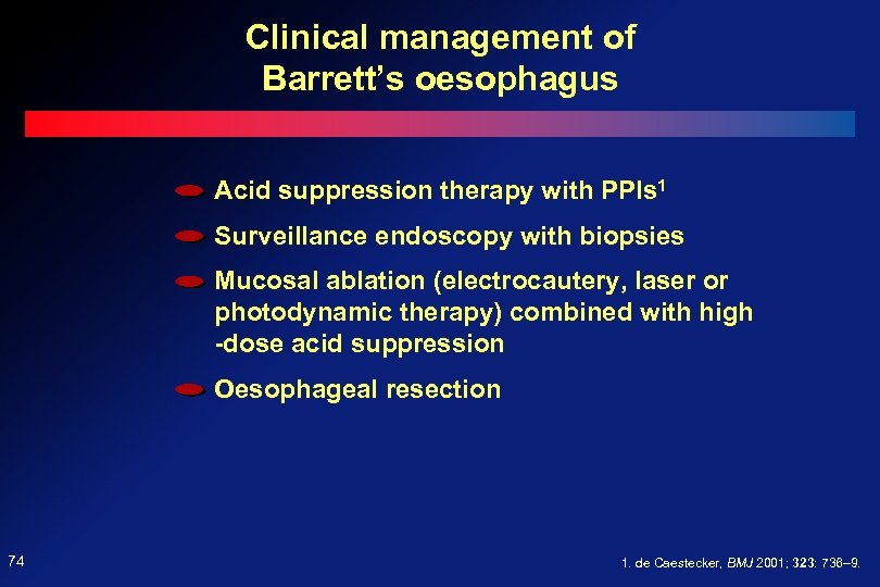 Clinical management of Barrett’s oesophagus Acid suppression therapy with PPIs 1 Surveillance endoscopy with