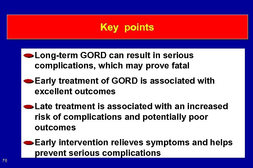 Key points Long-term GORD can result in serious complications, which may prove fatal Early