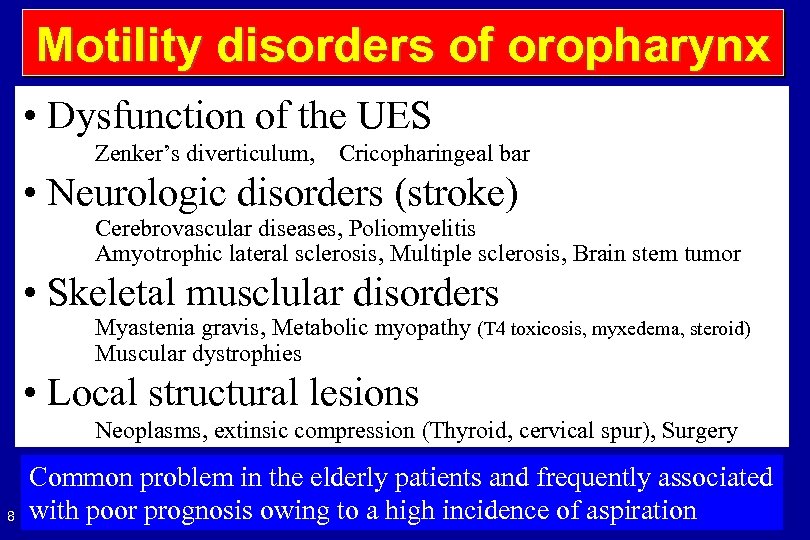 Motility disorders of oropharynx • Dysfunction of the UES Zenker’s diverticulum, Cricopharingeal bar •