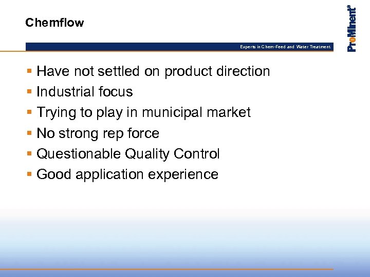 Chemflow Experts in Chem-Feed and Water Treatment § Have not settled on product direction