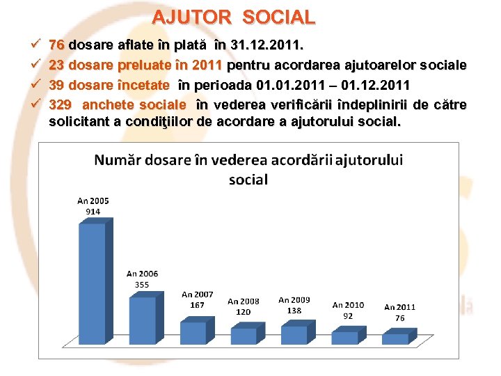 AJUTOR SOCIAL ü ü 76 dosare aflate în plată în 31. 12. 2011. 23