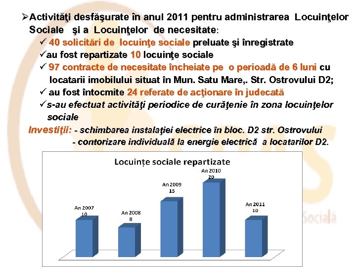  Activităţi desfăşurate în anul 2011 pentru administrarea Locuinţelor Sociale şi a Locuinţelor de